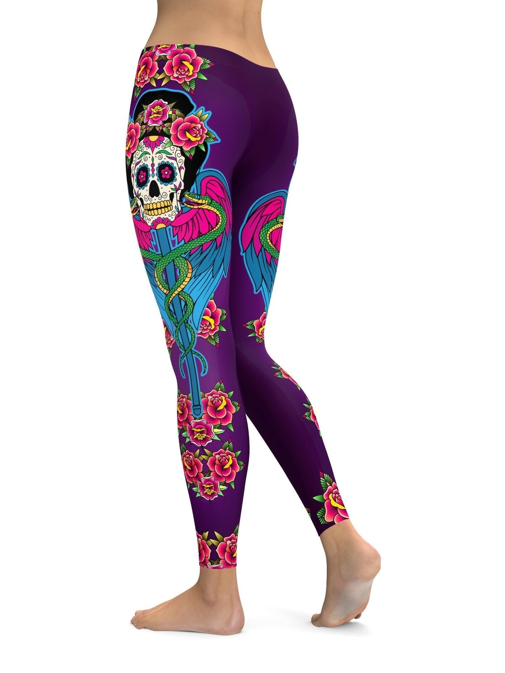 💀🌹Sugar Skull, Caduceus & Floral Bold Graphic Printed Leggings , Purple - NEW